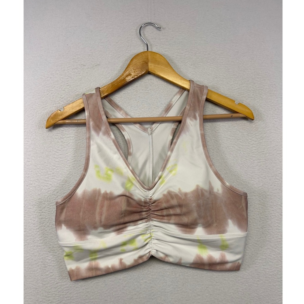Boho Tie Dye Ebb & Flow Womens XL White Brown Ruched V-Neck Racerback Sports Bra